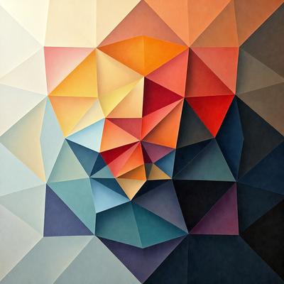 The primary subject of the image is a painting featuring a geometric design with a mix of blue, red, and orange colors. The setting is a wall, and the visual style appears to be a combination of digital art and illustration. The painting creates a vibrant and dynamic atmosphere, with the geometric shapes and colors creating a sense of depth and complexity.